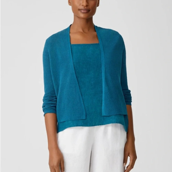 NWT✨ Eileen Fisher Organic Linen Cotton Tuck Cropped Cardigan Teal Small